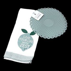 “Live Your Life With Zest” Kitchen Towel And Silicone Trivet Set NEW 100% Cotton